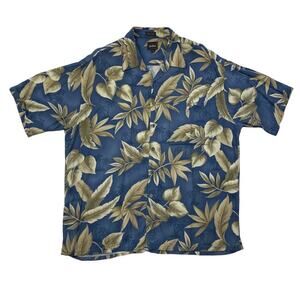 Vintage Neiman Marcus Shirt Men XL Cadet Blue Floral Hawaiian Short Sleeve Rayon